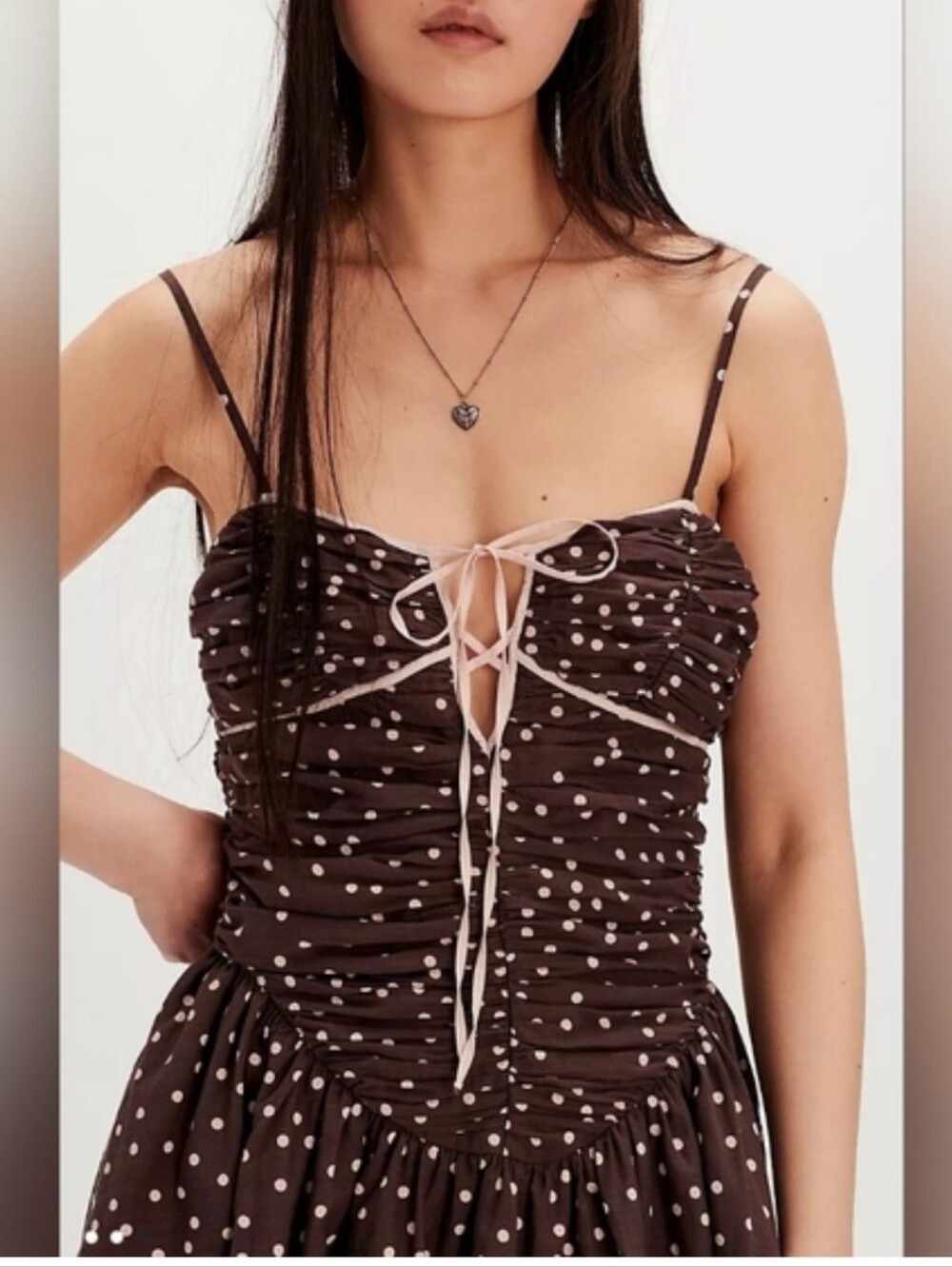 Free People Tea For Two Polka Dot Mini Dress Brown Tie Front Zipper Size L